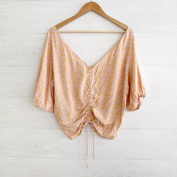 NWT H&M - Orange floral ruched smocked back short sleeve peasant top, XXL - Picture 1 of 5